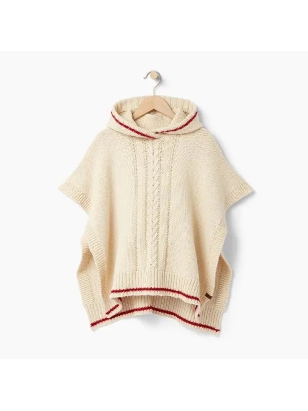 Roots Kids Cream Hooded Cable-Knit Poncho with Red Trim